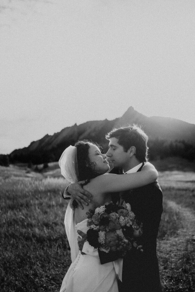 Couple with dog at Chautauqua Park elopement